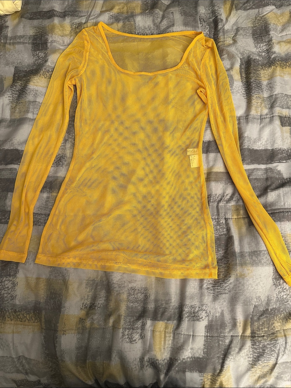Yellow Mesh Long-Sleeve Scoop Neck Top